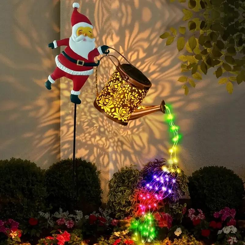 Christmas Solar Santa Kettle Garden Light – Waterproof Metal Decoration With LED String Lights, Colorful Or Warm White, For Lawn, Patio, Backyard